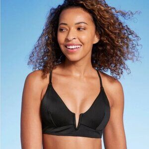 Shade & Shore - Women's Ribbed Longline - V-Wire Bikini Top - Black - 32B